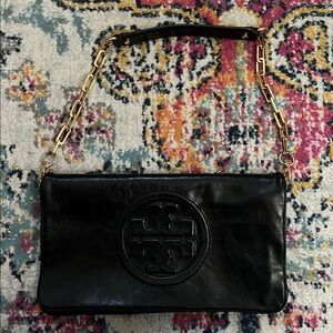 Tory Burch Black Leather Shoulder Bag with Gold Chain